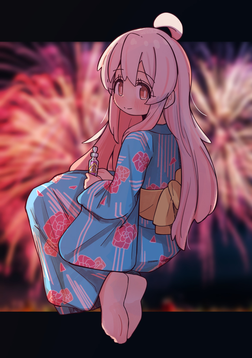 1girl, absurdres, aerial_fireworks, ahoge, barefoot, blue_kimono, blurry, blurry_background