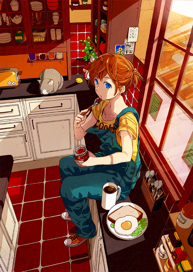 1girl, blue_eyes, bread, cat, cat_loaf, coffee, coffee_mug, cup