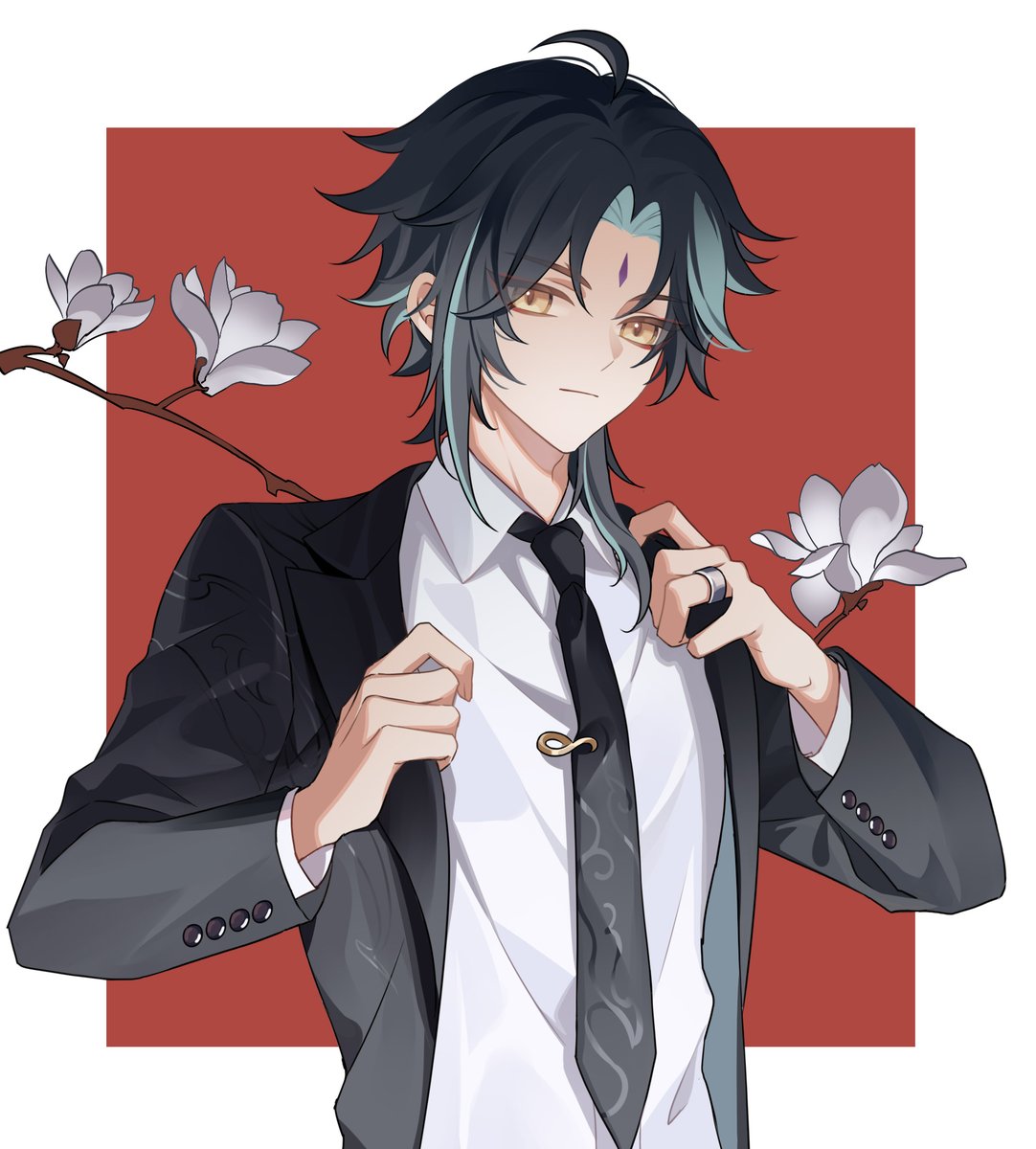 1boy, ahoge, alternate_costume, aqua_hair, black_hair, black_jacket, black_necktie, black_suit