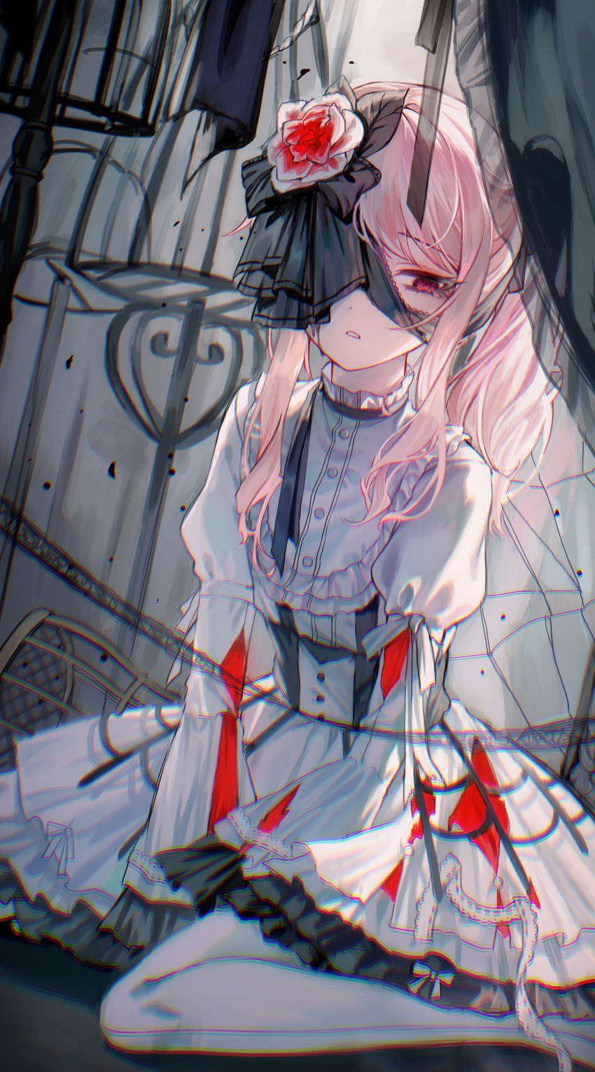 1other, absurdres, akiyama_mizuki, angst, black_bow, black_ribbon, bow, chromatic_aberration, commentary_request, crack, dress, flower, hair_bow, hair_flower, hair_ornament, highres, iblos1202, keikyoku_no_machi_wa_doko_e_(project_sekai), long_sleeves, looking_to_the_side, one_eye_covered, pantyhose, parted_lips, pink_hair, project_sekai, puffy_long_sleeves, puffy_sleeves, ribbon, side_ponytail, sitting, solo, tears, tears_from_one_eye, wariza, white_dress, white_pantyhose