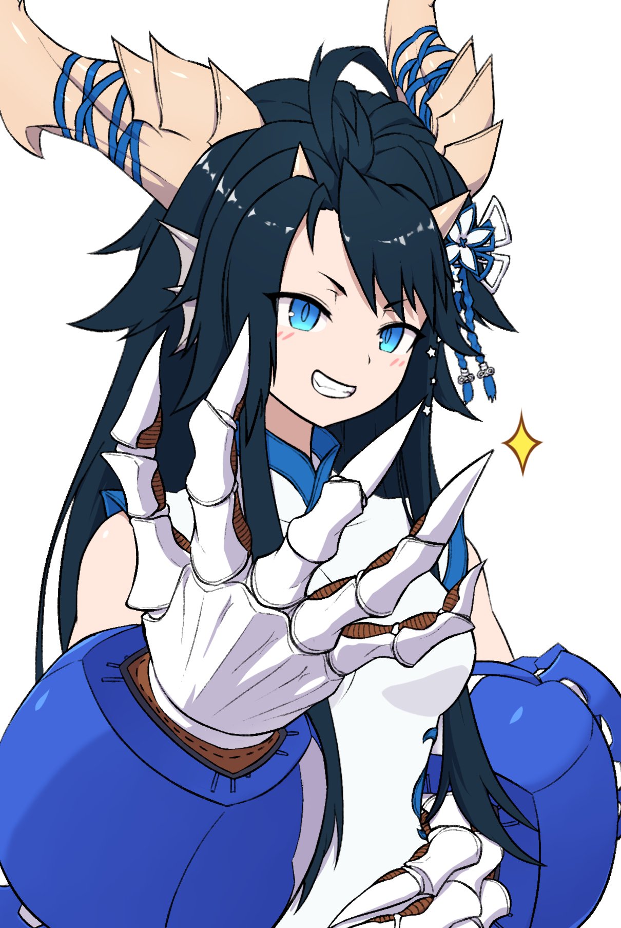 1girl, black_hair, blue_eyes, china_dress, chinese_clothes, dragon_girl, dragon_horns, dress