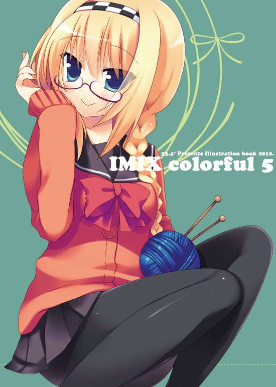 blonde_hair, braid, cardigan, glasses, hairband, ikushima_saya, onidere, pantyhose, sazaki_ichiri, school_uniform, serafuku, single_braid, skirt, solo