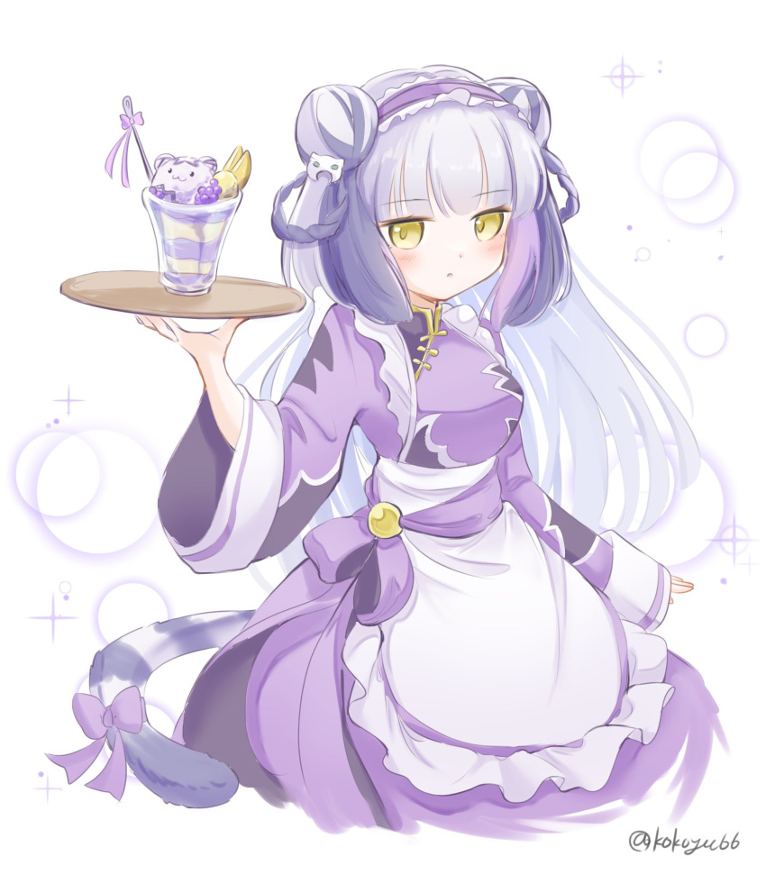 1girl, animal_ears, apron, bow, braid, cat_hair_ornament, chinese_clothes, double_bun, frilled_apron, frills, hair_bun, hair_ornament, haku_(p&amp;d), highres, holding, holding_tray, kokoyu_(kokoyu66), long_hair, maid, maid_apron, maid_headdress, multicolored_hair, parfait, puzzle_&amp;_dragons, solo, tail, tail_bow, tail_ornament, tiger_ears, tiger_girl, tiger_hair_ornament, tiger_tail, tray, two-tone_hair, waist_apron, waitress, white_apron, white_hair, yellow_eyes
