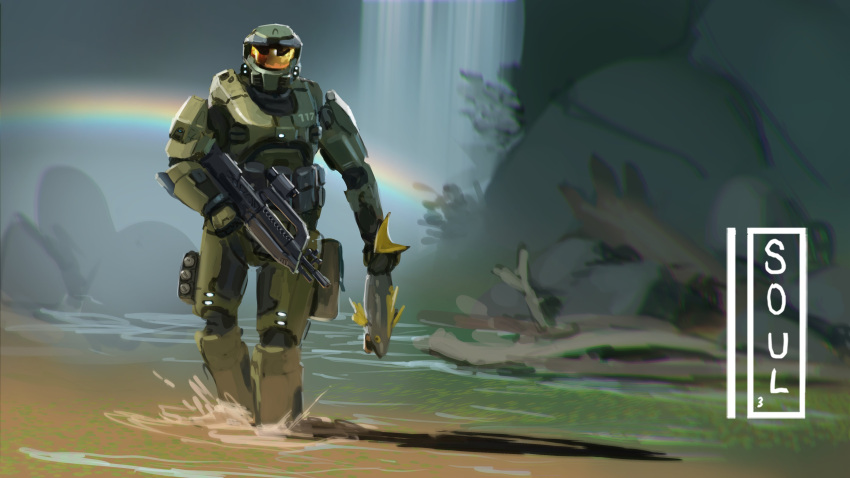 1boy, absurdres, animal, armor, artist_name, assault_visor, battle_rifle, black_gloves