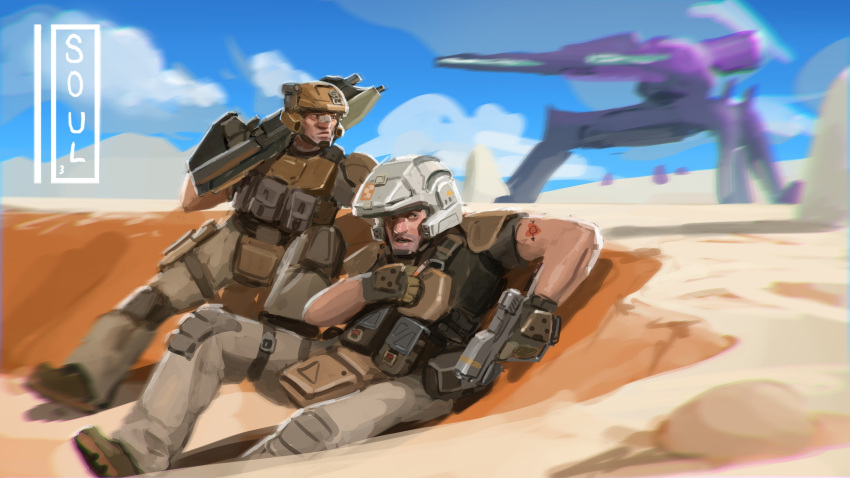 2boys, absurdres, artist_name, assault_rifle, boots, brown_footwear, brown_helmet, brown_pants