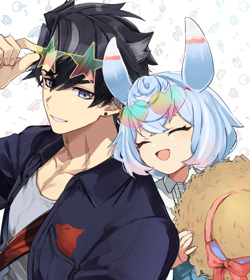1boy, 1girl, :d, ^_^, adjusting_eyewear, animal_ears, black_hair, blue_eyes
