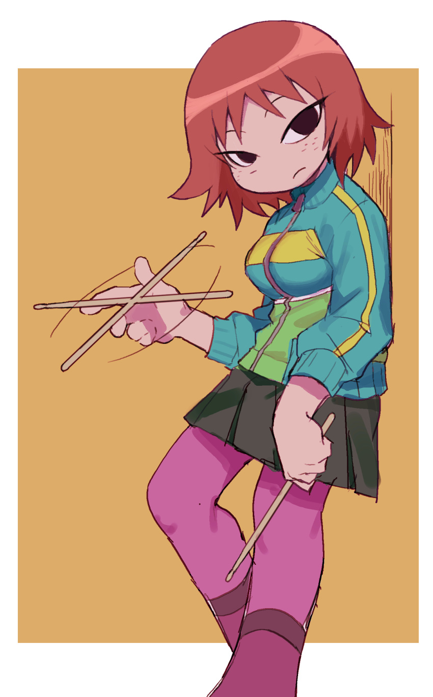 1girl, black_eyes, border, breasts, closed_mouth, commentary_request, cowboy_shot, drumsticks