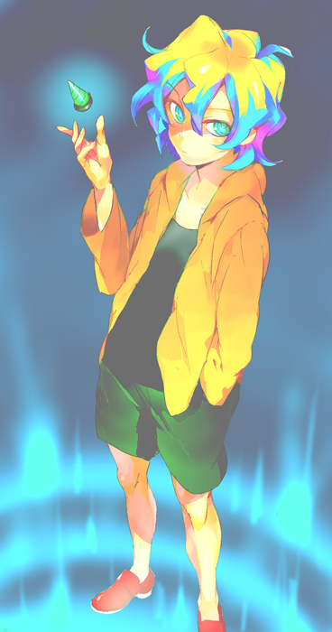 androgynous, blonde_hair, blue_hair, core_drill, glowing, glowing_eyes, green_eyes, kazuko