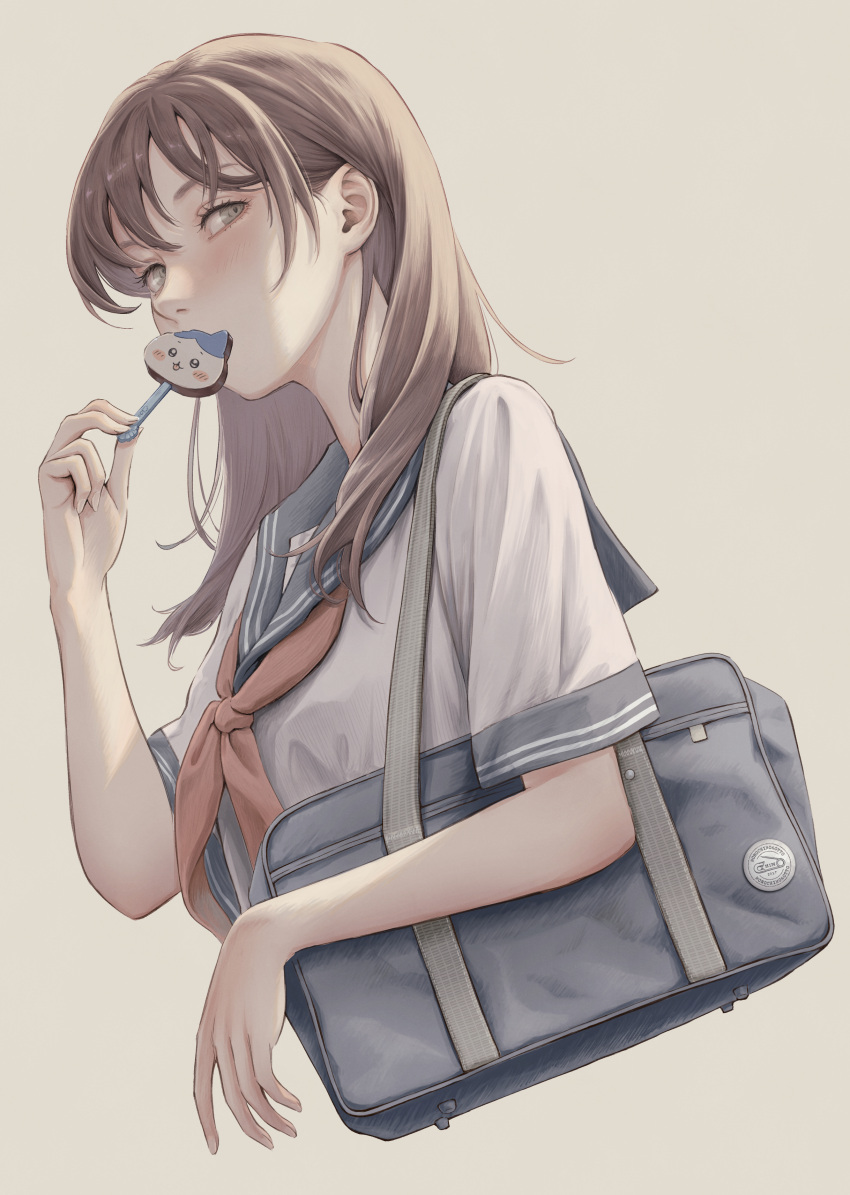 1girl, absurdres, bag, blue_bag, blue_sailor_collar, brown_hair, candy, cropped_torso