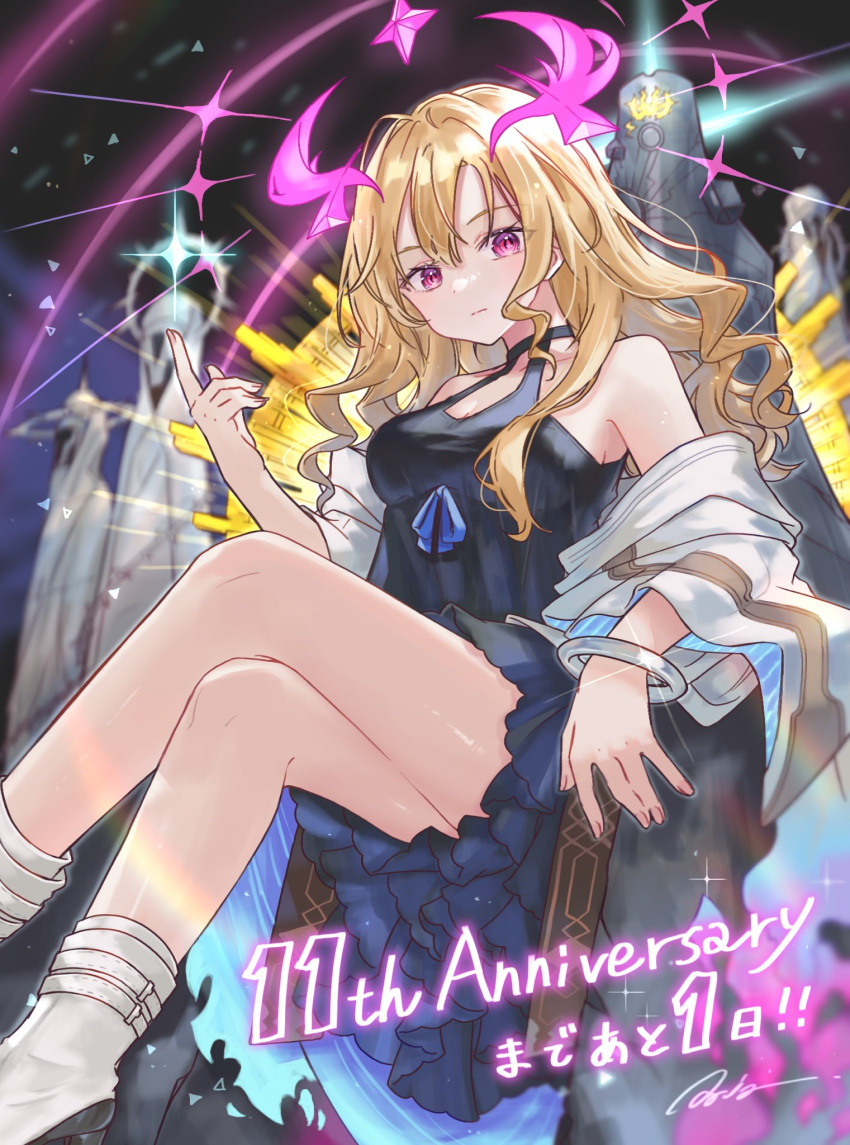 1girl, bare_shoulders, black_dress, blonde_hair, bracelet, breasts, crossed_legs, dress