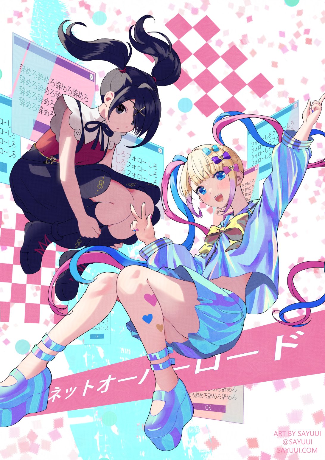 2girls, :d, ame-chan_(needy_girl_overdose), black_eyes, black_footwear, black_hair, black_skirt, black_socks, blonde_hair, blue_eyes, blue_footwear, blue_serafuku, bow, chouzetsusaikawa_tenshi-chan, gesture, hair_bow, hair_ornament, hair_over_one_eye, hand_up, highres, miniskirt, multicolored_bow, multicolored_hair, multicolored_nails, multiple_girls, nail_polish, neck_ribbon, needy_girl_overdose, open_mouth, red_shirt, ribbon, sayuui, school_uniform, serafuku, shirt, skirt, smile, socks, suspender_skirt, suspenders, twitter_username, x_hair_ornament