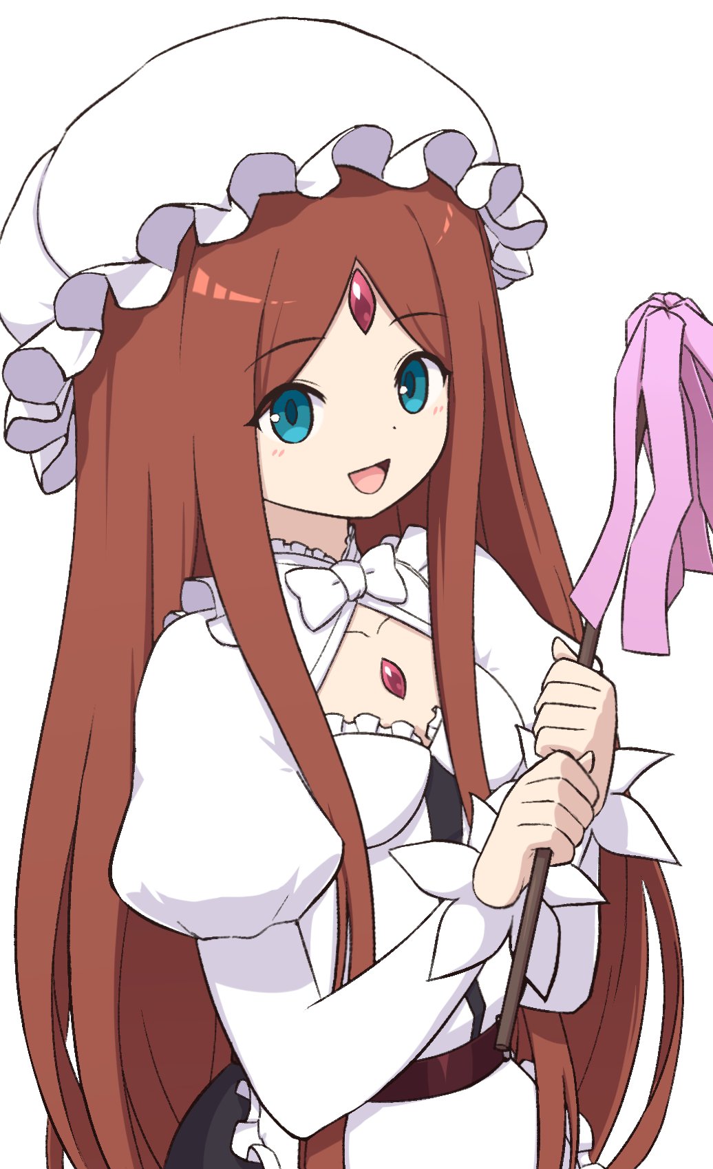 1girl, apron, bow, brown_hair, chest_jewel, dress, duster, frilled_apron