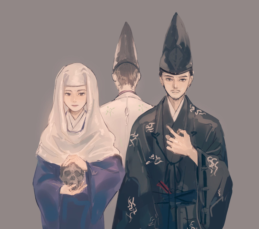 13_lords_of_the_shogun, 1girl, 2boys, beard, black_kimono, brown_hair, buddhist_nun, facial_hair, facing_away, goatee, grey_background, hat, highres, holding, holding_skull, houjou_masako, houjou_masako_(13_lords_of_the_shogun), houjou_yoshitoki_(13_lords_of_the_shogun)_(shikken), japanese_clothes, kimono, looking_at_viewer, minamoto_no_sanetomo_(13_lords_of_the_shogun)minamoto_no_sanetomo, multiple_boys, mustache, orca_(artist), skull, standing, tate_eboshi, wide_sleeves