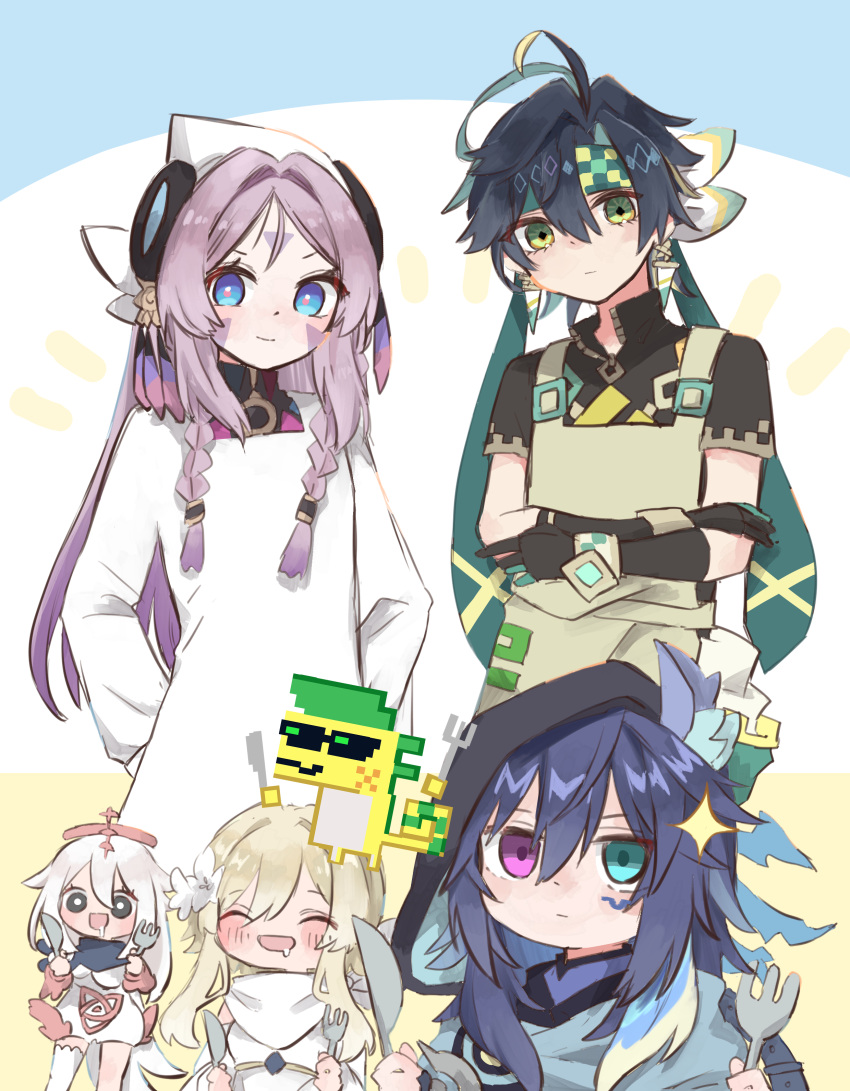 2boys, 3girls, absurdres, ajaw_(genshin_impact), alternate_costume, animal_ears, antenna_hair, apron, aqua_eyes, bat_ears, black_eyes, black_gloves, black_hair, black_hood, black_scarf, black_shirt, blonde_hair, blue_eyes, blue_scarf, blush, braid, bright_pupils, checkered_clothes, checkered_headwear, citlali_(genshin_impact), closed_eyes, colored_inner_hair, crossed_arms, diamond-shaped_pupils, diamond_(shape), dress, drooling, earrings, expressionless, feather_hair_ornament, feathers, fingerless_gloves, flower, fork, genshin_impact, gloves, grandmother_and_grandson, green_eyes, green_hair, green_headband, hair_between_eyes, hair_flower, hair_ornament, hair_ribbon, hair_tubes, halo, headband, headscarf, heterochromia, highres, holding, holding_fork, holding_knife, jewelry, kanadofish, kinich_(genshin_impact), knife, long_hair, long_sleeves, looking_at_viewer, lumine_(genshin_impact), mandarin_collar, mechanical_halo, mini_dragon, mouth_drool, multicolored_hair, multiple_boys, multiple_girls, ororon_(genshin_impact), paimon_(genshin_impact), pink_eyes, pink_hair, pink_pupils, pixelated, purple_hair, ribbon, scarf, shirt, short_hair, short_hair_with_long_locks, sidelocks, single_thighhigh, smile, symbol-shaped_pupils, t-shirt, thigh-highs, triangle_facial_mark, twin_braids, v-shaped_eyebrows, white_apron, white_dress, white_flower, white_hair, white_pupils, white_romper, white_scarf, white_sleeves, white_thighhighs, yellow_headband, zipper
