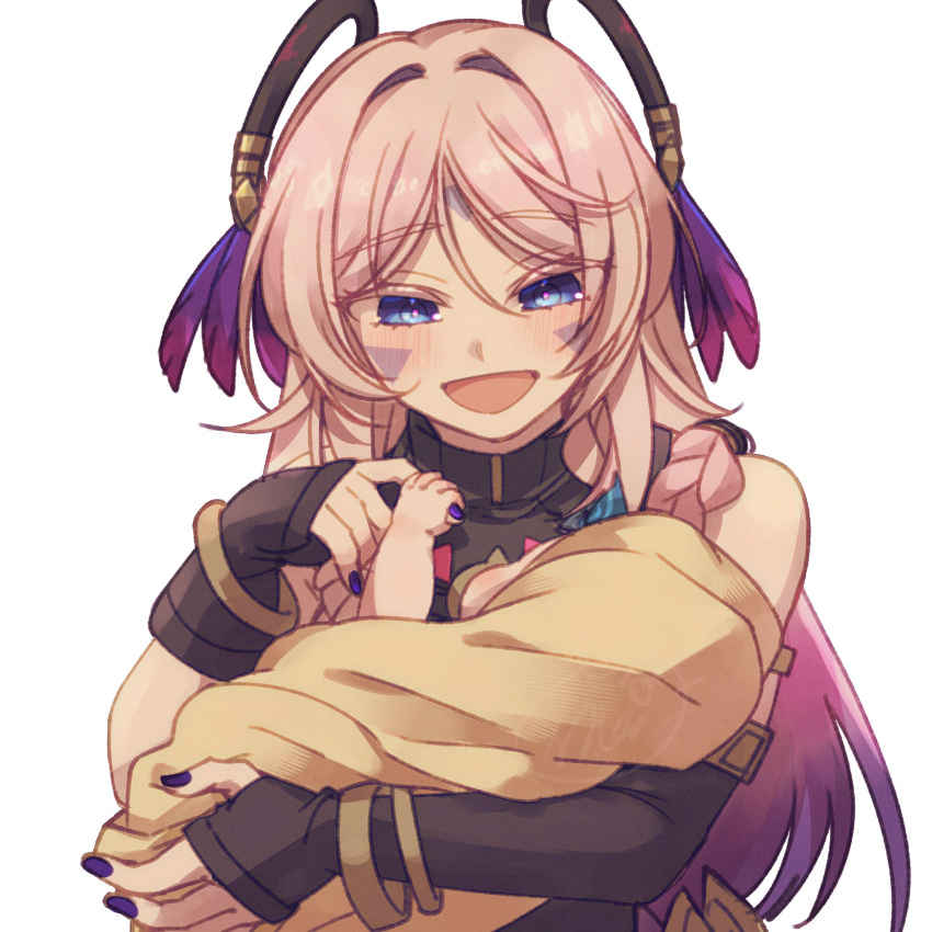 1boy, 1girl, aged_down, armlet, asymmetrical_gloves, baby, baby_carry, bare_shoulders, black_gloves, black_leotard, blue_eyes, blush, bracelet, braid, carrying, citlali_(genshin_impact), elbow_gloves, feather_hair_ornament, feathers, fingerless_gloves, floating_hair_ornament, genshin_impact, gloves, gold, grandmother_and_grandson, hair_intakes, hair_ornament, hair_over_shoulder, hair_rings, highres, holding_baby, holding_finger, jewelry, karuteto, leotard, long_hair, looking_at_another, looking_down, open_mouth, ororon_(genshin_impact), pink_hair, pink_pupils, purple_nails, signature, sleeveless, sleeveless_leotard, sleeveless_turtleneck_leotard, swaddled, triangle_facial_mark, twin_braids, upper_body, white_background, wrapped_in_blanket