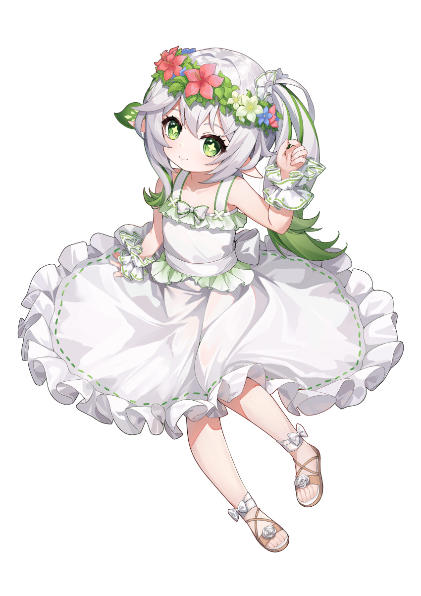 1girl, absurdres, bare_shoulders, closed_mouth, dress, flat_chest, full_body, genshin_impact