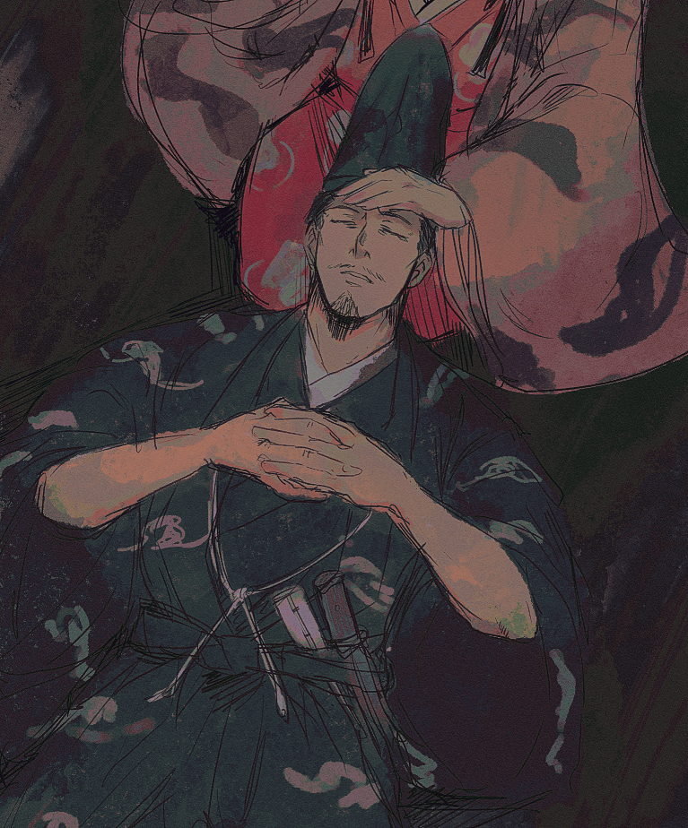 13_lords_of_the_shogun, closed_eyes, facial_hair, goatee, hat, houjou_yoshitoki_(13_lords_of_the_shogun)_(shikken), japanese_clothes, lying