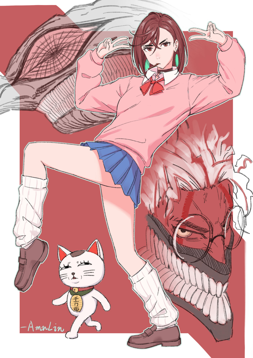 1boy, 1girl, absurdres, alternate_form, ayase_momo, black_choker, blue_skirt, border
