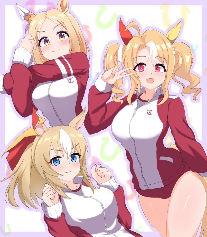3girls, absurdres, animal_ears, blue_eyes, blush, breasts, buruma, clenched_hands