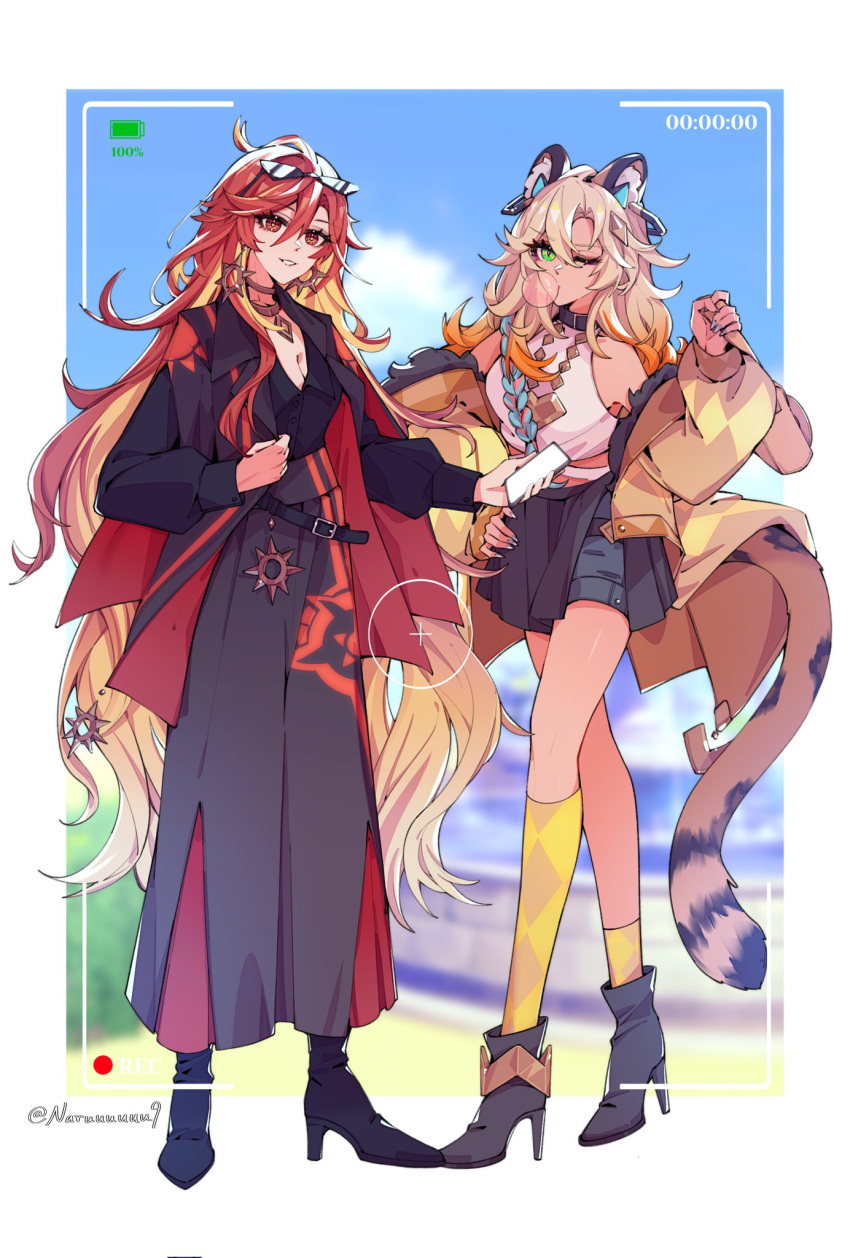 2girls, alternate_costume, animal_ears, asymmetrical_legwear, black_footwear, blonde_hair, blowing_bubbles, blurry, blurry_background, border, eyewear_on_head, full_body, genshin_impact, hair_between_eyes, hand_on_own_hip, high_heels, highres, holding, holding_phone, jaguar_ears, jaguar_girl, jaguar_tail, kneehighs, long_hair, long_sleeves, looking_at_viewer, mavuika_(genshin_impact), multicolored_hair, multiple_girls, naruuuuuu9, one_eye_closed, parted_lips, phone, red_eyes, redhead, single_kneehigh, single_sock, smile, socks, standing, sunglasses, tail, uneven_legwear, very_long_hair, white_border, xilonen_(genshin_impact), yellow_socks