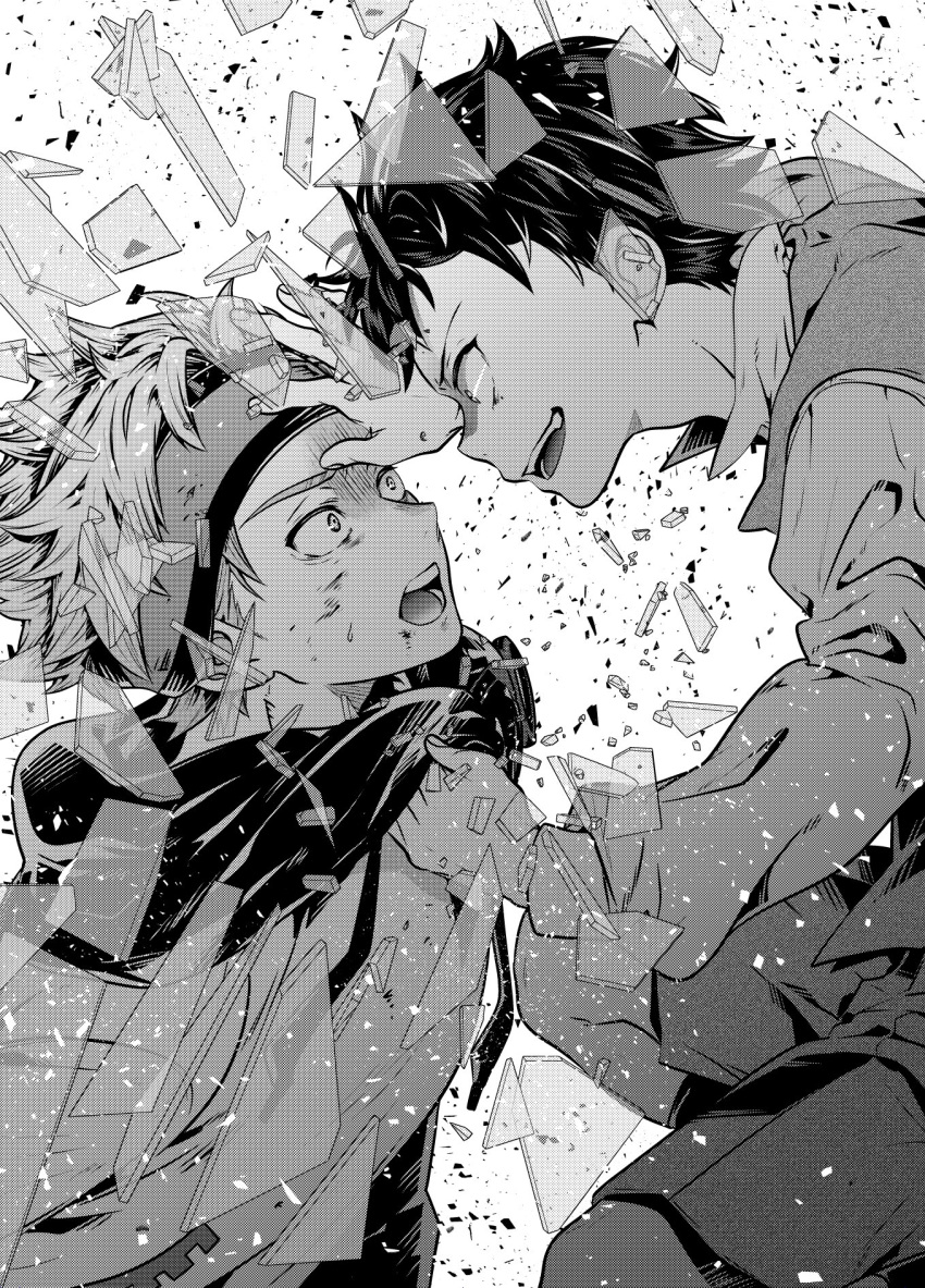 2boys, anonymous;code, black_hair, broken_glass, clothes_grab, collar_grab, collared_shirt, dirty