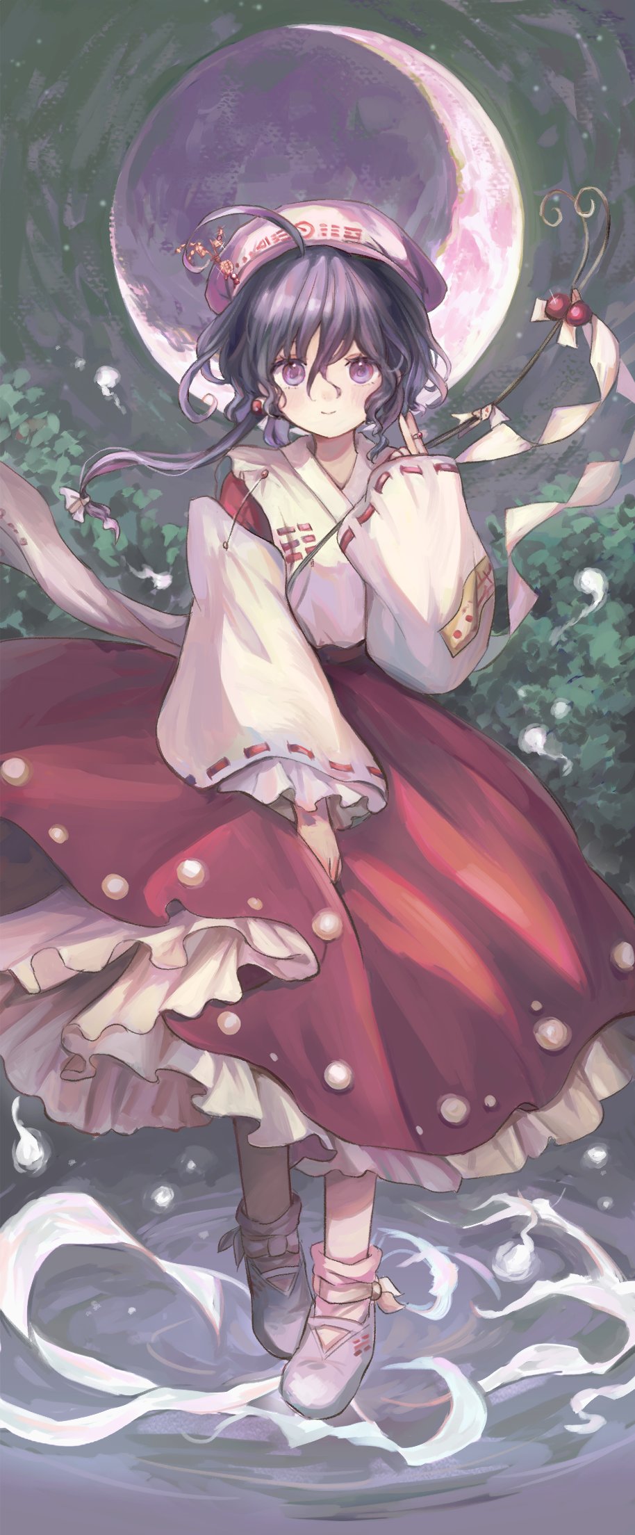 ahoge, ankle_socks, beret, black_hair, bush, closed_mouth, commentary_request, crescent_moon