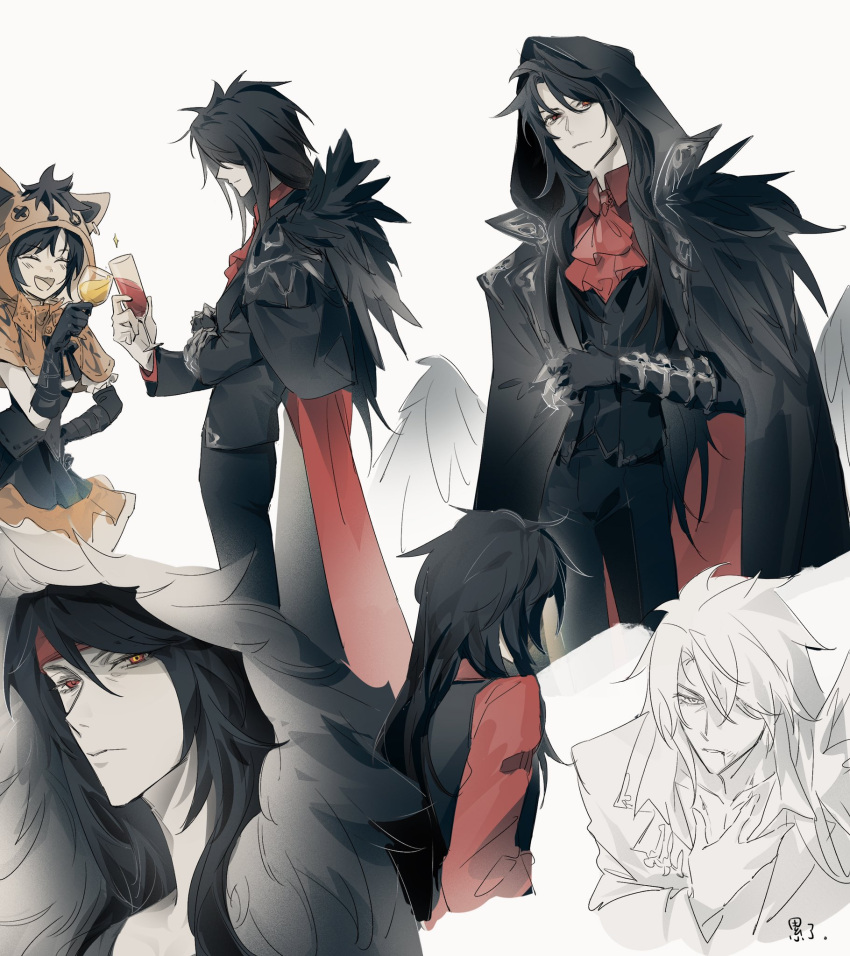 1boy, 1girl, animal_hood, ascot, black_cloak, black_feathers, black_gloves, black_hair