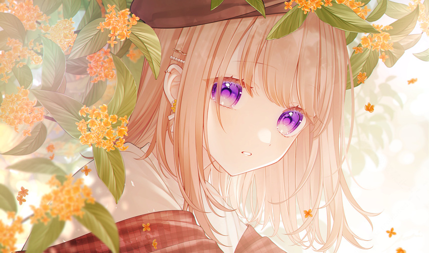 1girl, beret, blonde_hair, brown_hat, ear_piercing, earrings, falling_petals, gold_osmanthus