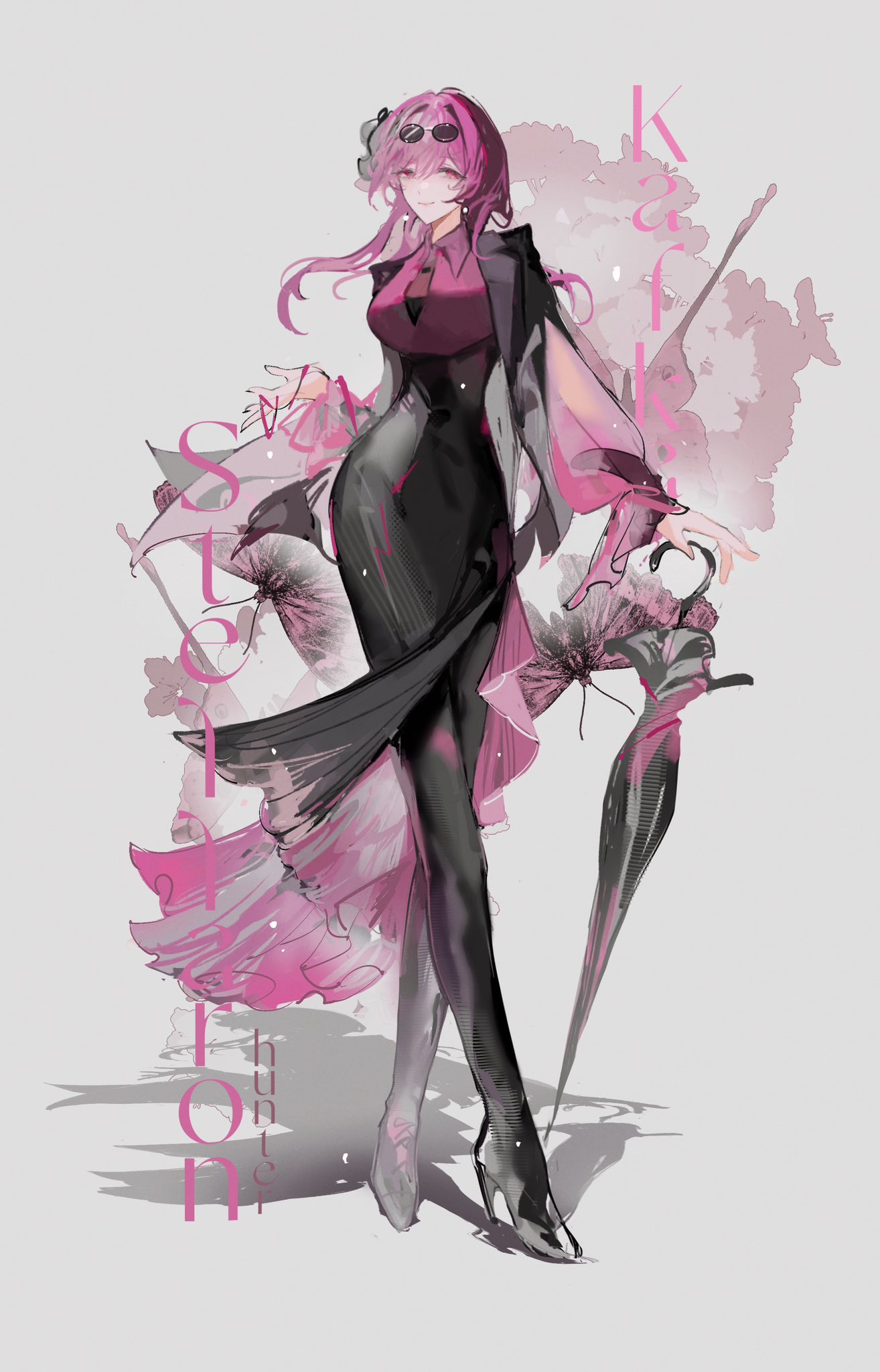 1girl, black_dress, black_footwear, black_jacket, black_pantyhose, breasts, closed_umbrella, d-aprken