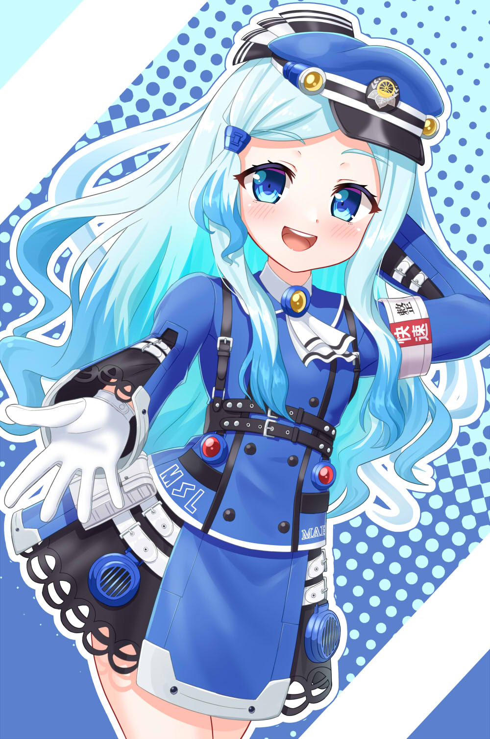 1girl, armband, ascot, blue_background, blue_eyes, blue_hair, blue_hat, blue_jacket