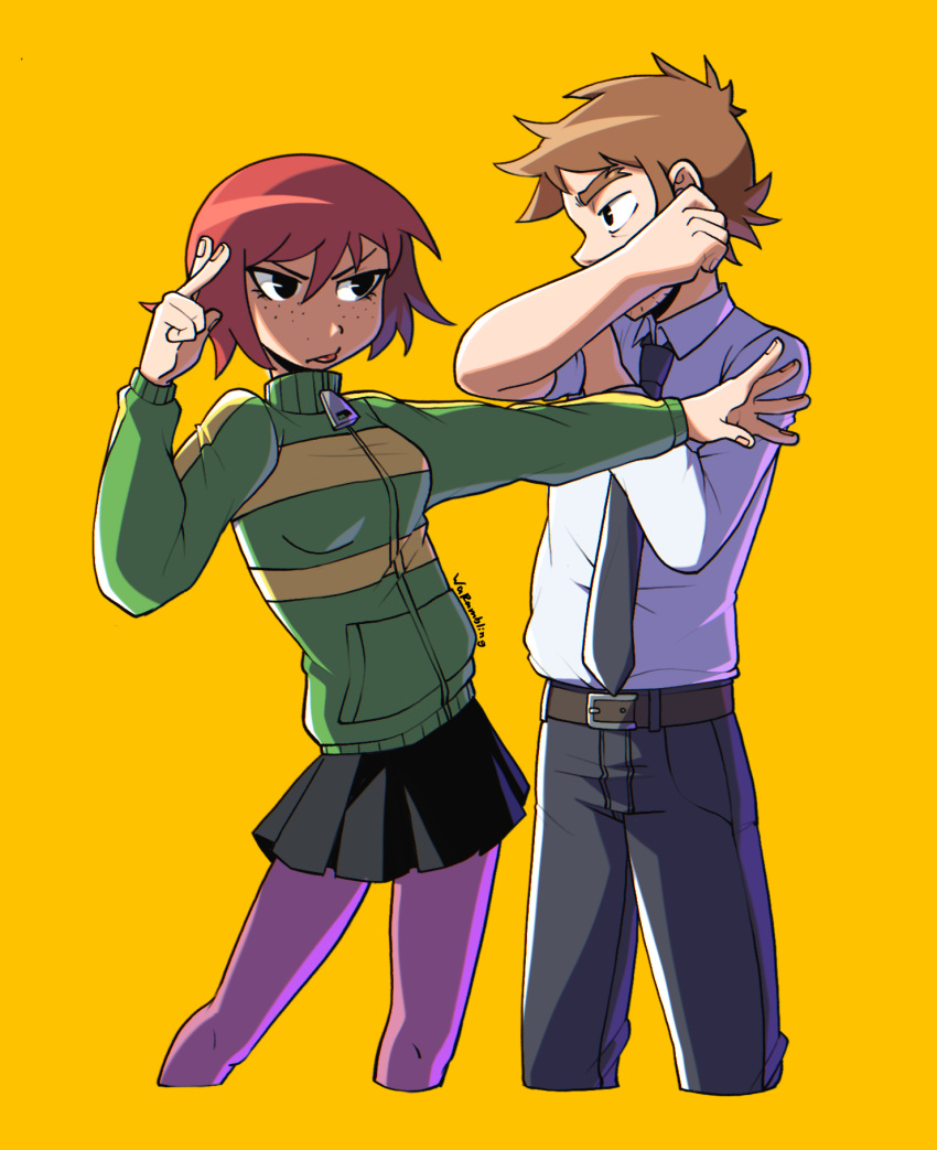 1boy, 1girl, belt, black_eyes, black_skirt, breasts, brown_hair, collared_shirt