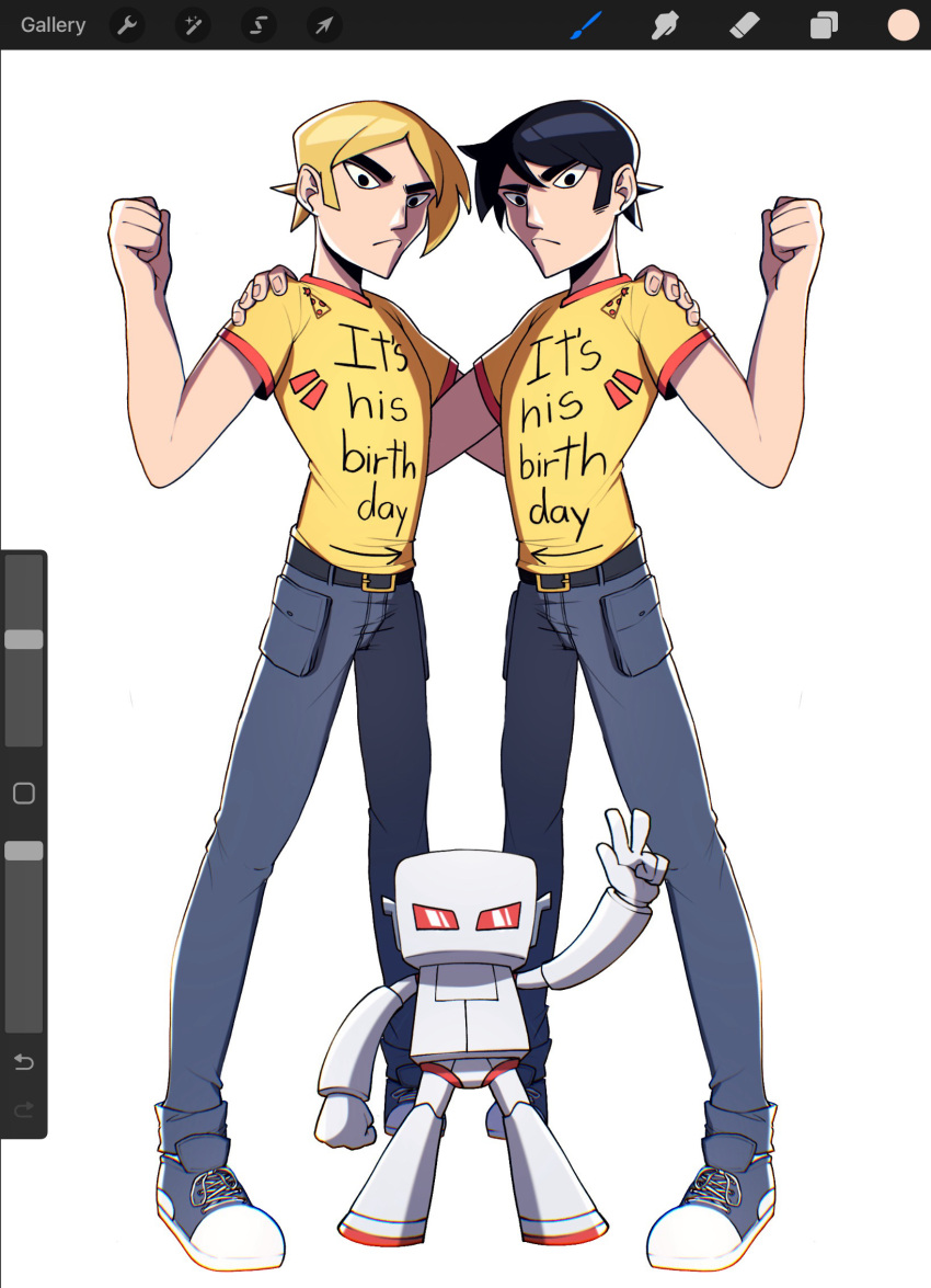 2boys, art_program_in_frame, black_hair, blonde_hair, brothers, clenched_hand, clothes_writing, commentary_request