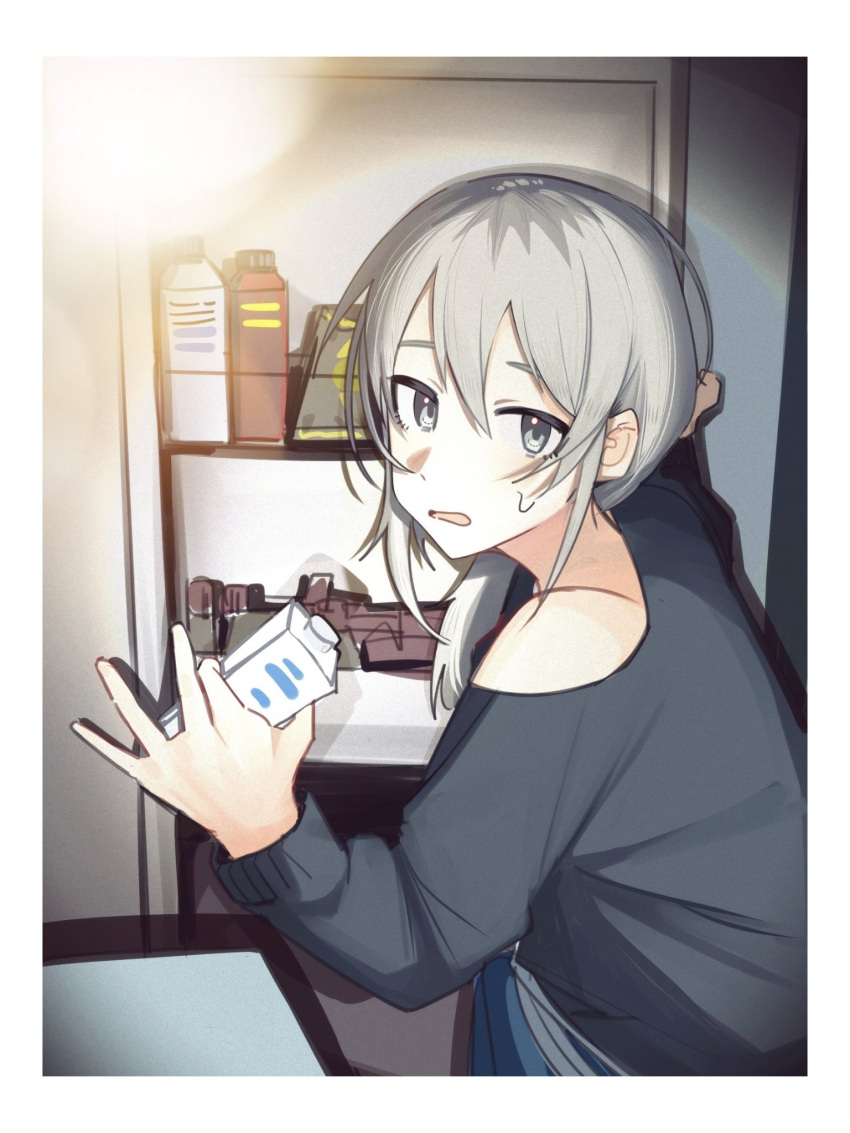 1girl, black_sweater, border, caught, chinese_commentary, commentary_request, girls_band_cry, grey_eyes, grey_hair, haidao_mao, hair_between_eyes, highres, holding_carton, kawaragi_momoka, long_hair, long_sleeves, looking_at_viewer, multicolored_hair, open_mouth, refrigerator, roots_(hair), solo, sweater, white_border