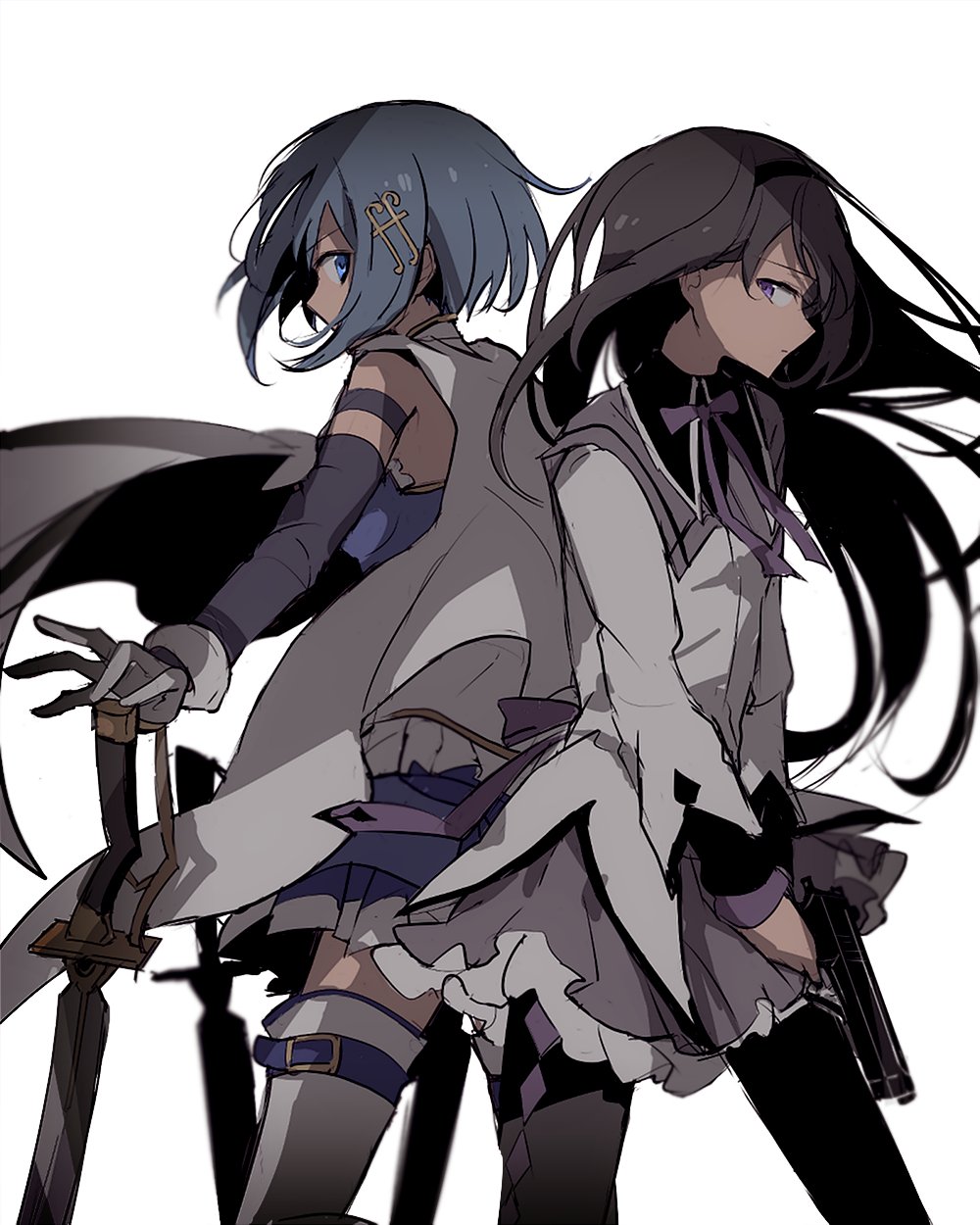 2girls, akemi_homura, akemi_homura_(magical_girl), back-to-back, black_hair, black_pantyhose, blue_eyes, blue_hair