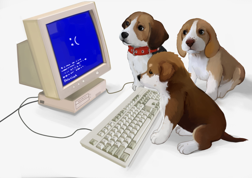 absurdres, animal, animal_focus, blue_screen_of_death, collar, commentary, computer, computer_keyboard