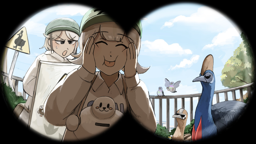 2girls, :o, absurdres, bird, black_eyes, cassowary, cassowary_keeper_(diva), closed_eyes