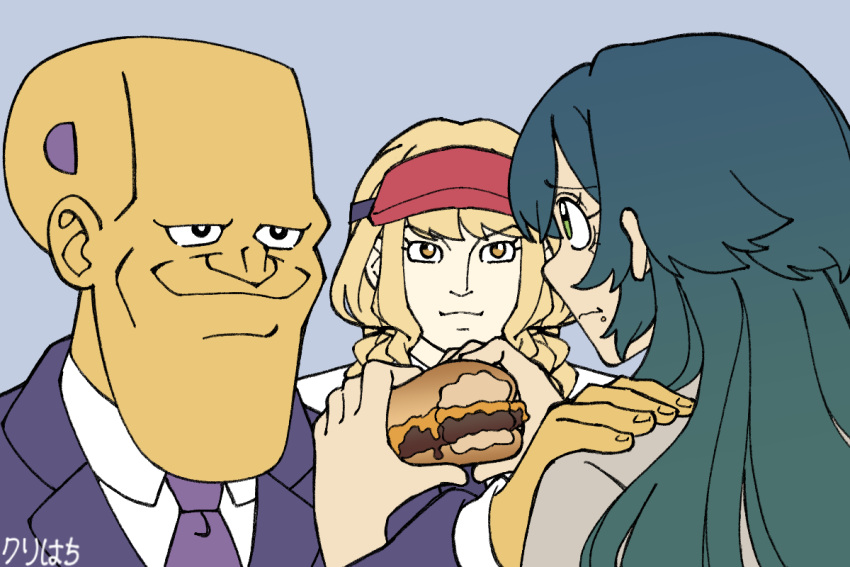 1boy, 2girls, blonde_hair, braid, burger, coat, commentary_request, eyelashes