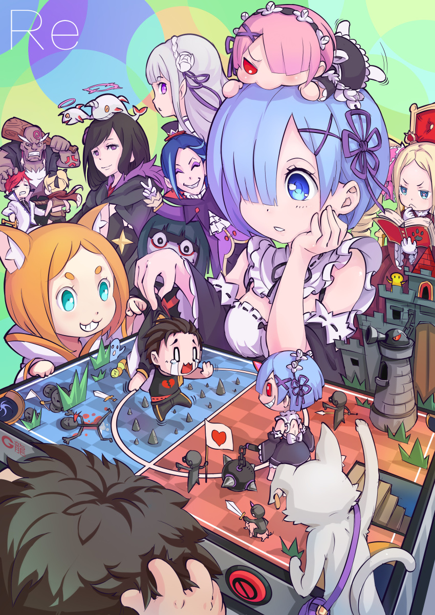 1738706916, absurdres, angry, animal_ears, asymmetrical_clothes, bald, ball_and_chain_(weapon), bare_shoulders, beatrice_(re:zero), black_bow, black_cloak, black_hair, blonde_hair, blue_eyes, blue_hair, blush, board_game, bow, bowl_cut, braid, breasts, butterfly-shaped_pupils, cannon, capelet, castle, cat, cat_ears, cat_tail, character_doll, chibi, cloak, club_(weapon), colored_skin, crown, crown_braid, detached_sleeves, dress, drill_hair, elf, elsa_granhilte, emilia_(re:zero), felt_(re:zero), flag, flower, frills, full_body, fur-trimmed_capelet, fur_trim, gloves, green_eyes, green_hair, green_skin, grey_cat, grey_hair, hair_bow, hair_flower, hair_ornament, hair_over_one_eye, hair_ribbon, hair_slicked_back, hakugei_(re:zero), hat, heart, high_collar, highres, horns, jacket, long_hair, long_sleeves, maid, maid_headdress, medium_breasts, mimi_pearlbaton, mini_crown, mini_person, multicolored_cloak, multiple_boys, multiple_girls, natsuki_subaru, open_mouth, orange_hair, petelgeuse_romaneeconti, pink_eyes, pink_hair, pink_pupils, pink_ribbon, pointy_ears, puck_(re:zero), purple_flower, purple_ribbon, purple_rose, ram_(re:zero), re:zero_kara_hajimeru_isekai_seikatsu, red_eyes, red_scarf, redhead, reinhard_van_astrea, rem_(re:zero), ribbon, ribbon-trimmed_clothes, ribbon_trim, rom_(re:zero), rose, roswaal_l._mathers, roswaal_mansion_maid_uniform, scarf, shirt, short_hair, siblings, sidelocks, single_horn, single_pantsleg, sisters, smile, spiked_ball_and_chain, stairs, symbol-shaped_pupils, table, tail, towel, track_jacket, track_suit, twin_drills, twins, violet_eyes, weapon, whale, white_flower, white_hair, white_rose, white_whale, x_hair_ornament