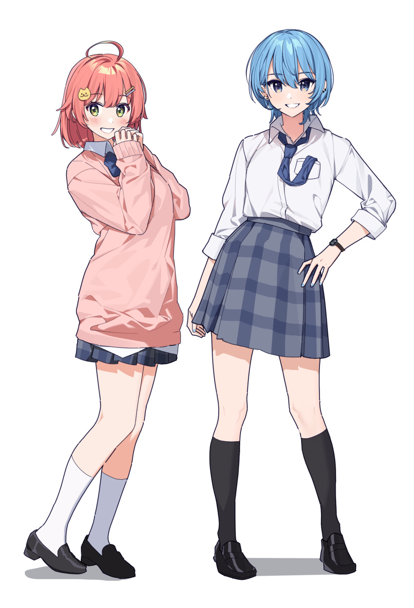 14_(vision5032), 2girls, ahoge, alternate_costume, alternate_hair_length, alternate_hairstyle, black_footwear, black_socks