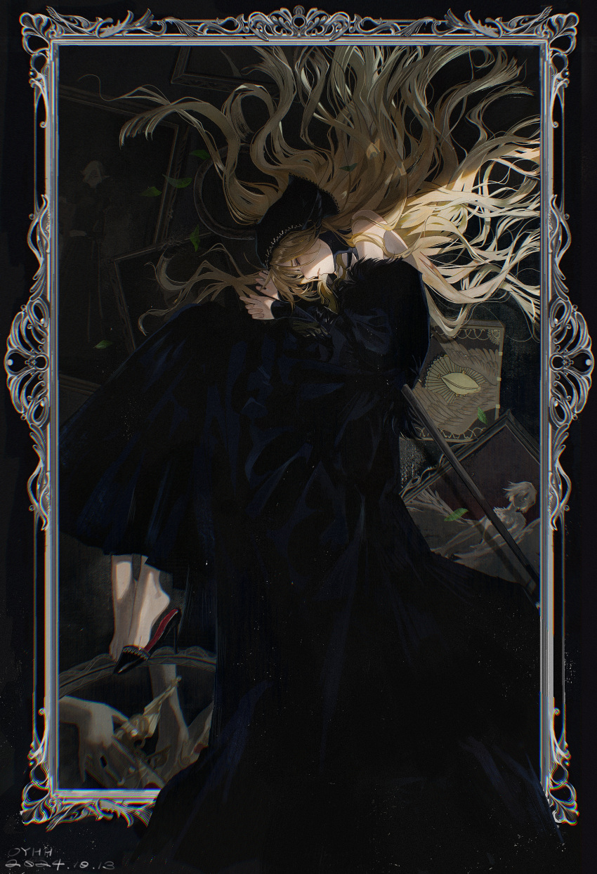 1girl, absurdres, ambrosia_(dungeon_meshi), black_hood, blonde_hair, book, border, closed_eyes