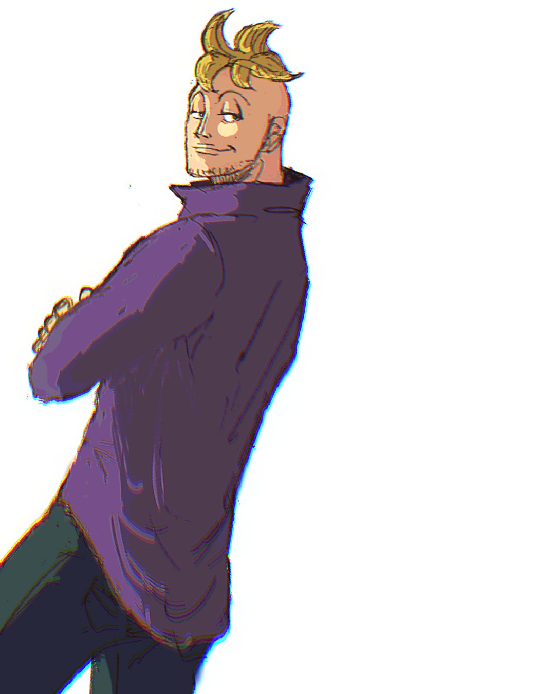 1boy, beard_stubble, blonde_hair, closed_mouth, collared_shirt, commentary, crossed_arms, dutch_angle