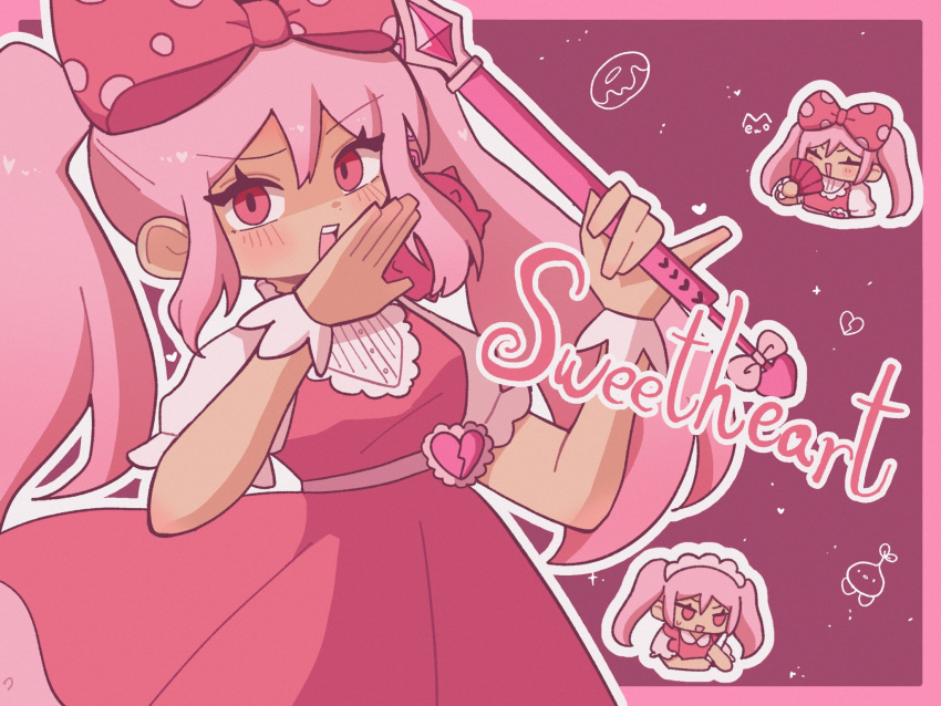 1girl, blush, bow, chibi, closed_eyes, dark-skinned_female, dark_skin, dress