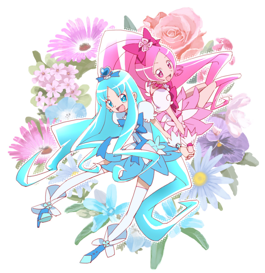 blue_hair, bow, cure_blossom, cure_marine, flower, flowers, hair_bow, hair_ribbon