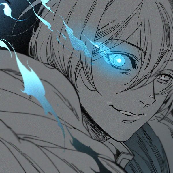 1boy, blue_eyes, commentary_request, evil_smile, glowing, glowing_eye, greyscale, hair_between_eyes