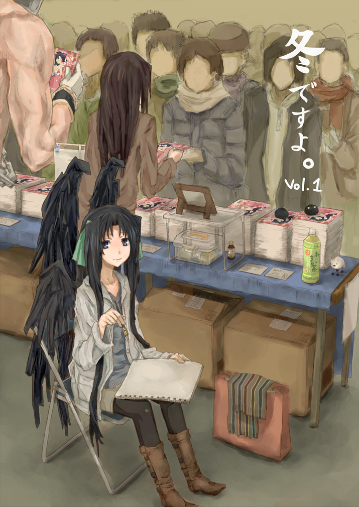 black_wings, box, brown_hair, chair, comiket, grey_eyes, hair_ribbon, kosumone