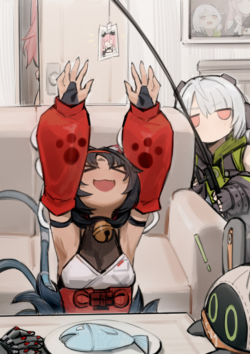 >_<, 1boy, 3girls, absurdres, anby_demara, arms_up, bangboo_(zenless_zone_zero), bench