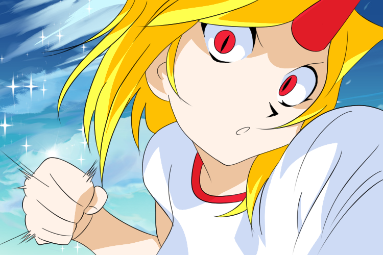 angry, battle_moon_wars, blonde_hair, clouds, fist, horn, hoshiguma_yuugi, long_hair