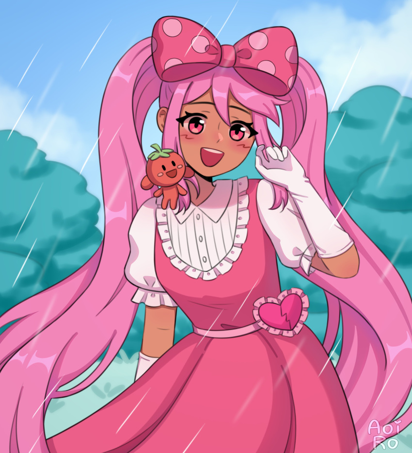 2girls, absurdres, aoiro_arts, artist_name, blush, bow, commission, dark-skinned_female