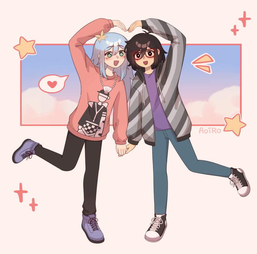 2girls, absurdres, aoiro_arts, arm_up, black_eyes, black_footwear, black_hair, black_pants