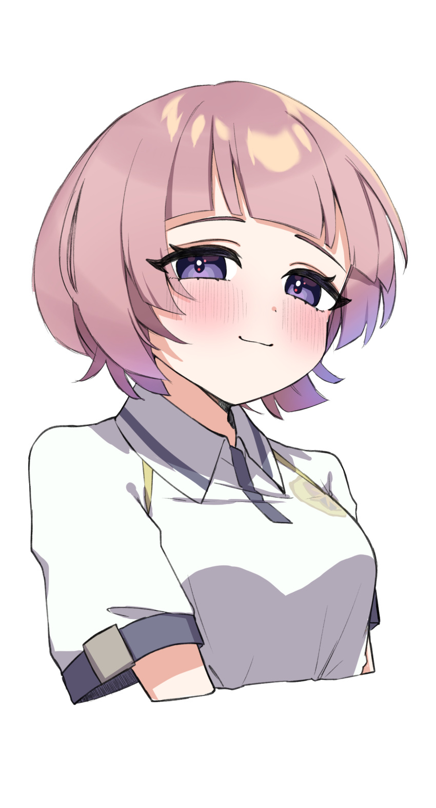 1girl, :3, arimura_mao, blunt_bangs, blush, chika_yukiyuki, collared_shirt, commentary_request, cropped_torso, gakuen_idolmaster, highres, idolmaster, looking_at_viewer, pink_hair, shirt, short_hair, short_sleeves, smile, solo, violet_eyes
